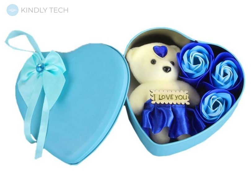 Подарунковий набір у формі серця з милим Ведмедиком і 3 мильними трояндами, Blue