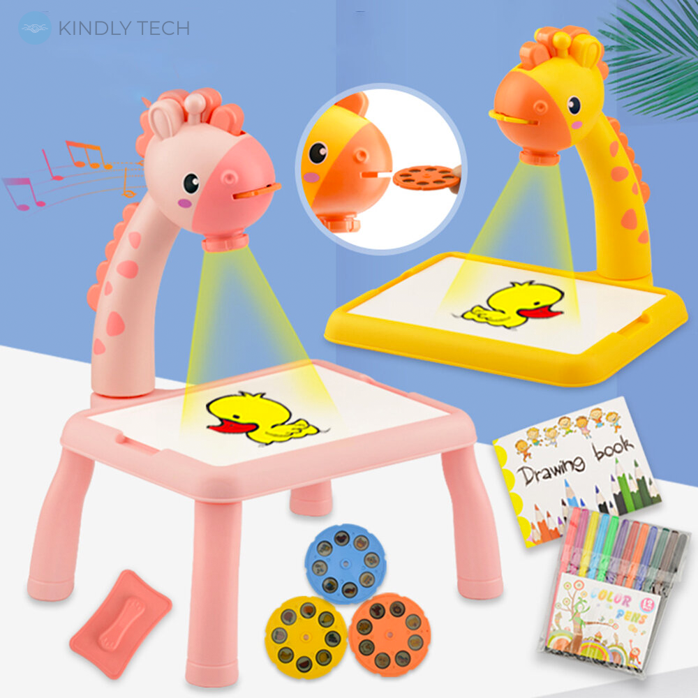 Дитячий стіл проектор для малювання з підсвічуванням Жираф Projector Painting 24 Деталі, pink
