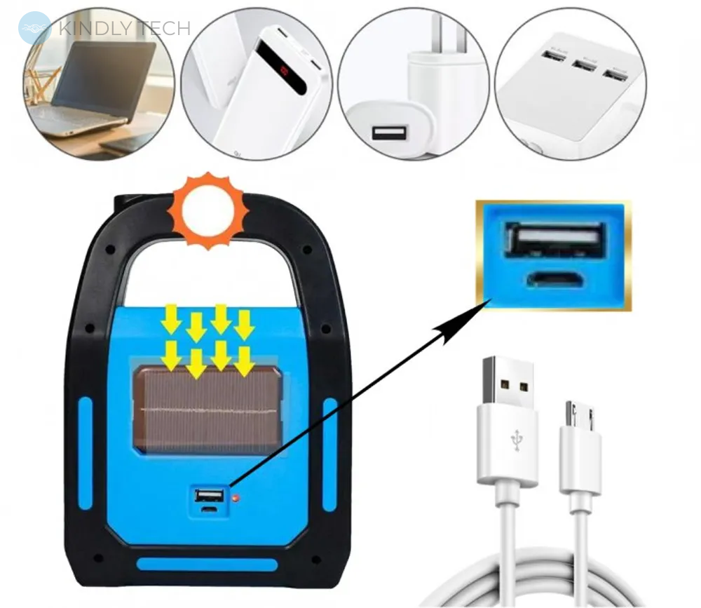 Аварийный аккумуляторный светодиодный LED фонарик USB повербанк с солнечной батареей, Синий