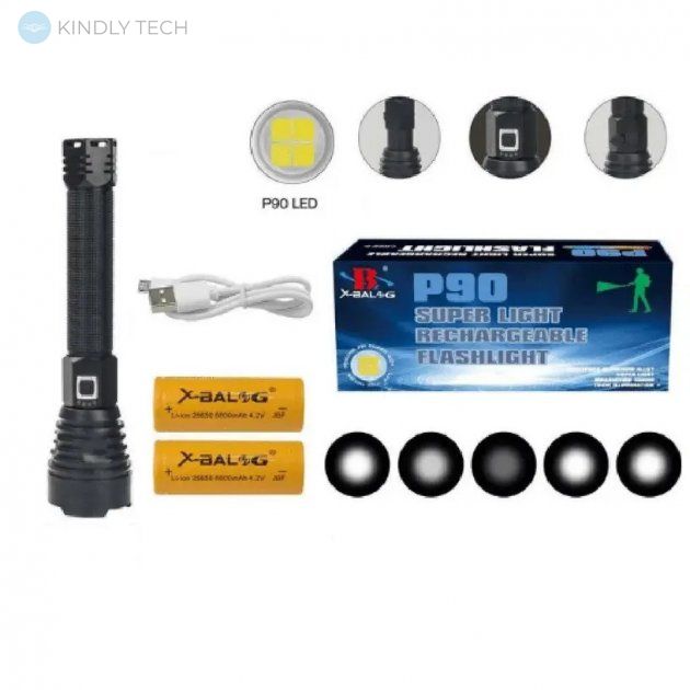 Мощный ручной аккумуляторный фонарь BL-601-P90 2*26650 battery + USB charge