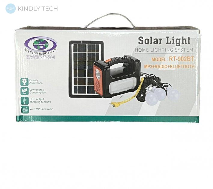 Універсальний портативний переносний ліхтар із сонячною панеллю RT902BT+Solar, 1+1 режим, Радіо+ Bluetooth колонка Павербанк