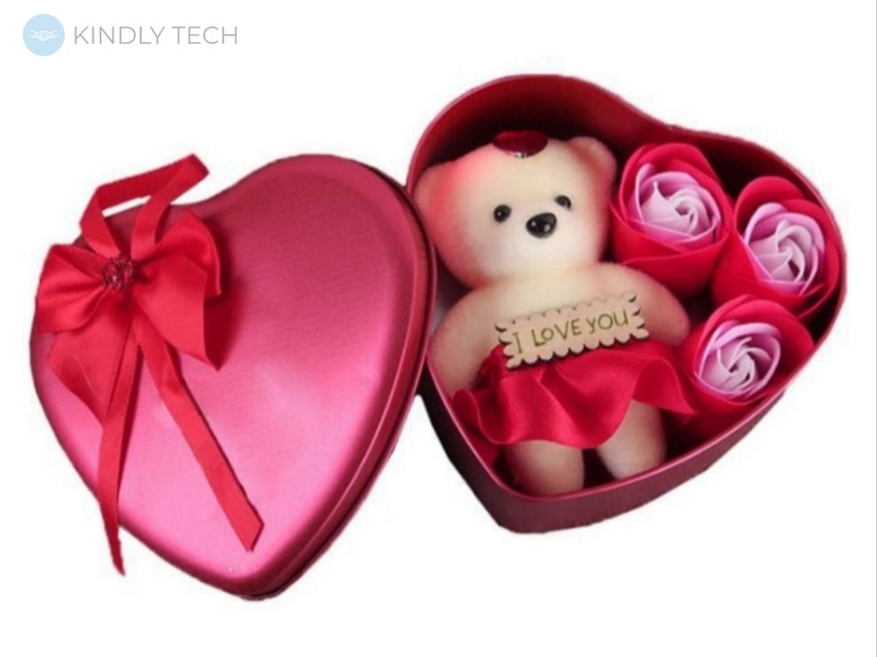 Подарочный набор в форме сердца с милым Мишкой и 3 мыльными розами, Red