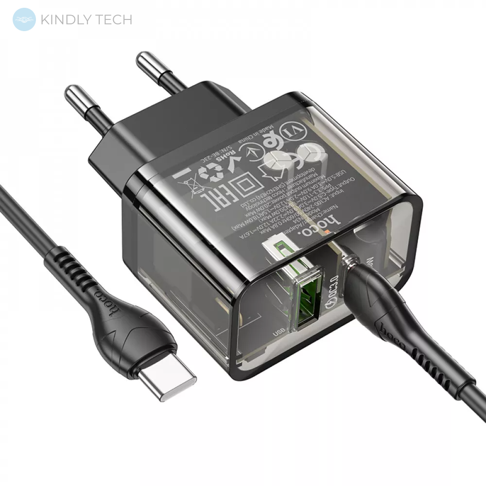 Мережевий зарядний пристрій 20W 2 PD | QC3.0 C to C Cable (1m) - Hoco N34 Dazzling - Transparent Black