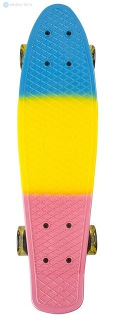 Яскравий пенні борд Penny Board триколірний блакитний жовтий рожевий з колесами що світяться