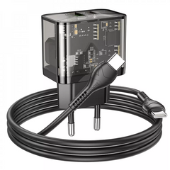 Сетевое зарядное устройство 20W | 2 PD | QC3.0 | C to C Cable (1m) — Hoco N34 Dazzling — Transparent Black