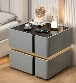 Тумбочка приліжкова SZXF01 з сенсорним підсвічуванням, екошкірою, USB та Bluetooth,сіра