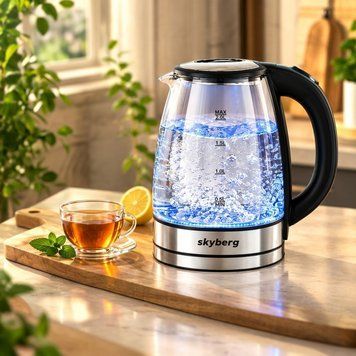 Стильный электрический стеклянный чайник Skyberg SB-303 1500 Вт, 2 л, с LED-подсветкой