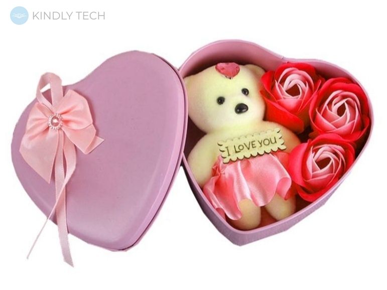 Подарунковий набір у формі серця з милим Ведмедиком і 3 мильними трояндами, Pink