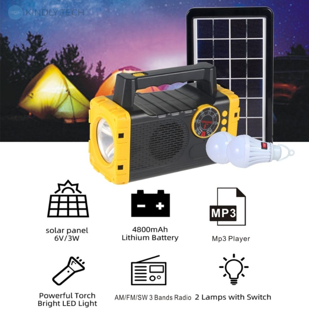 Универсальный портативный переносной фонарь с солнечной панелью RT907+Solar, 1+1 режим, Радио+ Bluetooth колонка Павербанк
