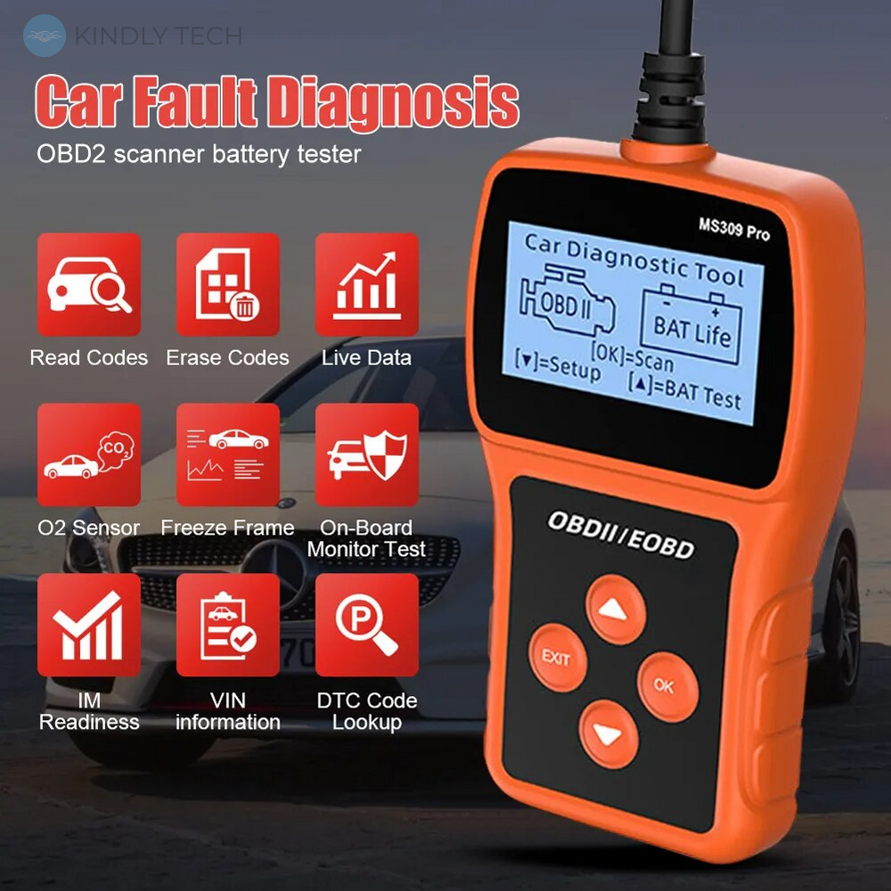 Автосканер діагностичний інструмент, тестер акумулятора, зчитувач кодів несправностей автомобіля OBD MS309PRO