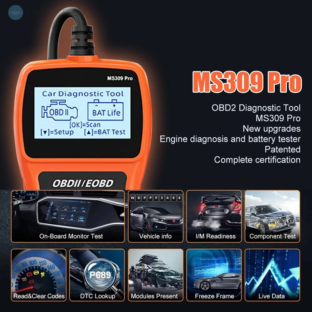 Автосканер діагностичний інструмент, тестер акумулятора, зчитувач кодів несправностей автомобіля OBD MS309PRO