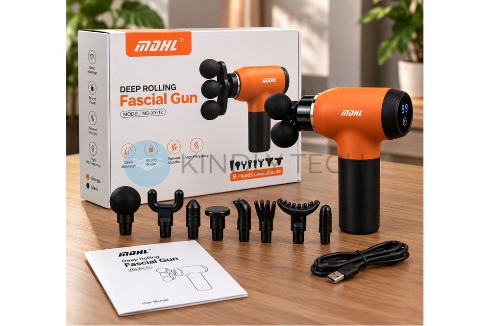 Компактный перкуссионный массажер MDHL MD-XY-12 Fascial Gun с 8 насадками и цифровым дисплеем
