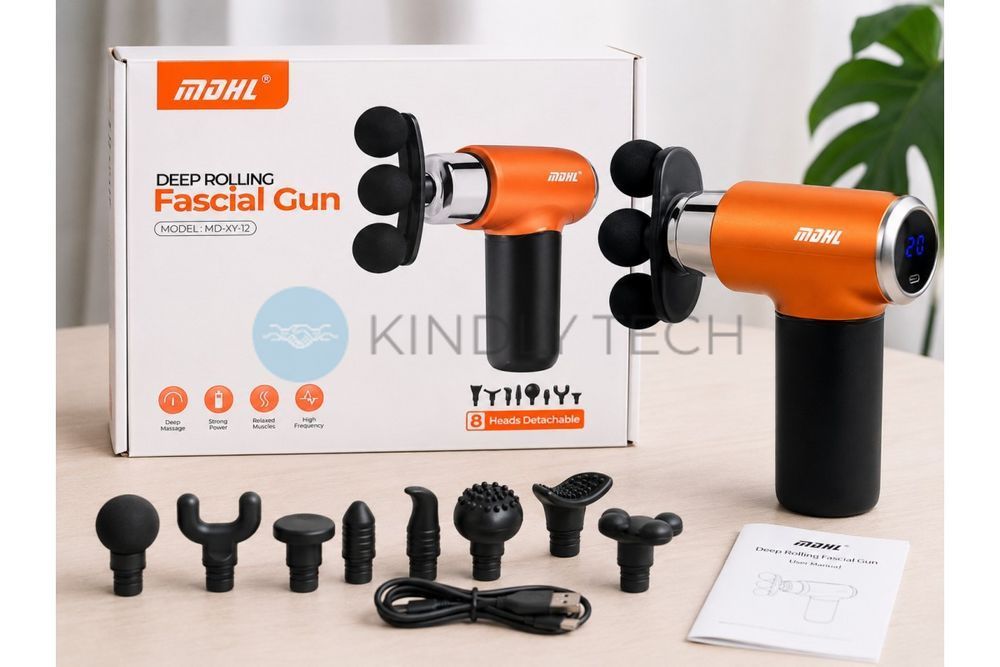 Компактный перкуссионный массажер MDHL MD-XY-12 Fascial Gun с 8 насадками и цифровым дисплеем