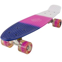 Яркий пенни борд Penny Board трехцветный синий розовый белый со светящимися колесами