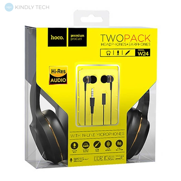 Набір гарнітур Навушники провідні Hoco W24 + навушники вакуумні з мікрофоном, Чорно-золотий