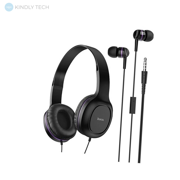 Набір гарнітур Навушники провідні Hoco W24 + навушники вакуумні з мікрофоном, Чорно-фіолетовий