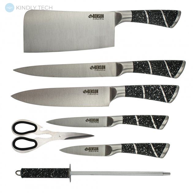 Набір кухонних ножів Benson BN-405N з нержавіючої сталі 9 предметів + підставка