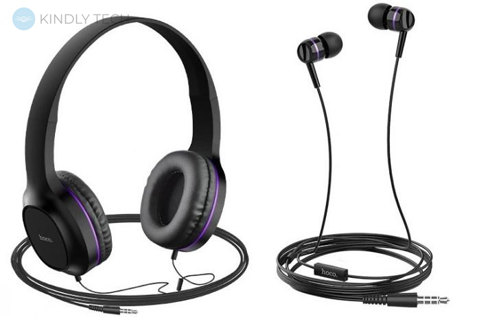 Набір гарнітур Навушники провідні Hoco W24 + навушники вакуумні з мікрофоном, Чорно-фіолетовий