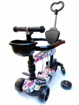 Дитячий самокат 4 в 1 Scooter 0077SD-1, з сидінням, батьківською ручкою та бортиками, Квіти
