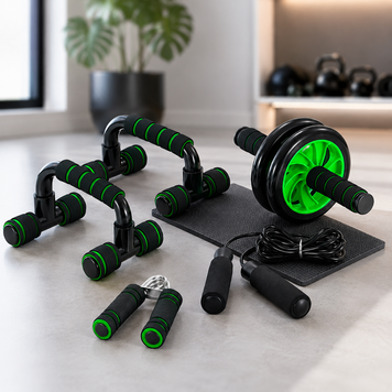 Фитнес-набор 5в1 Home Fit Pro каток для пресса, упоры для отжиманий, скакалка, эспандер, коврик,Зеленый
