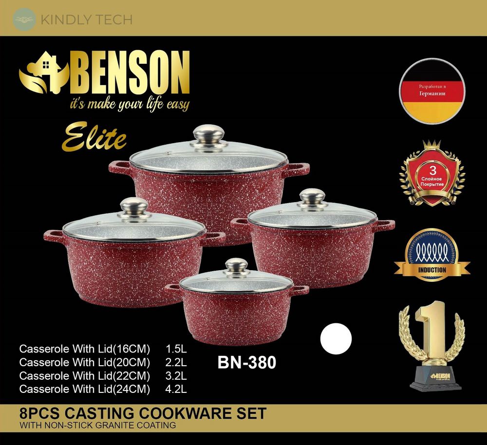 Набір каструль із гранітним антипригарним покриттям Benson BN-380 з 8 предметів