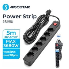 Подовжувач із вимикачем Aigostar 3680Вт, 6 розеток, 5м, чорний