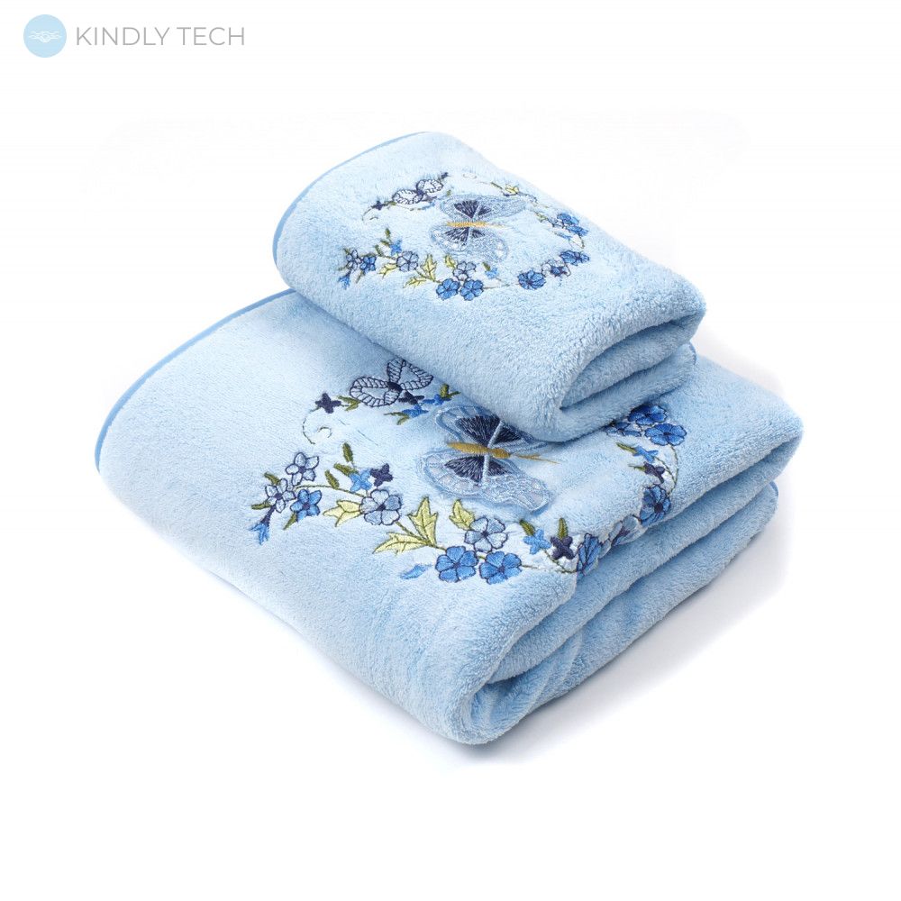 Комплект полотенец для кухни и бани с узорами цветов в органзе, Голубой