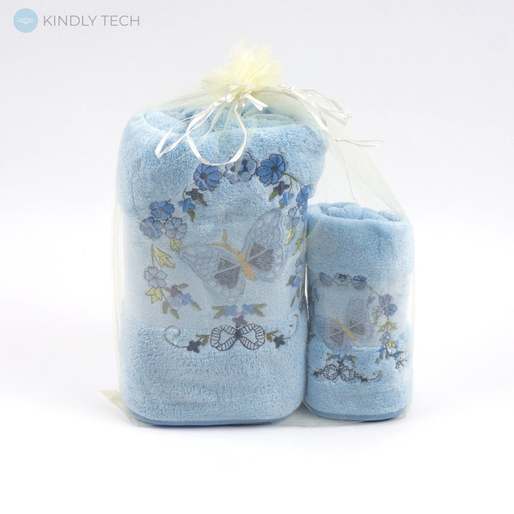 Комплект рушників для кухні та лазні з візерунками квітів в органзі, Блакитний