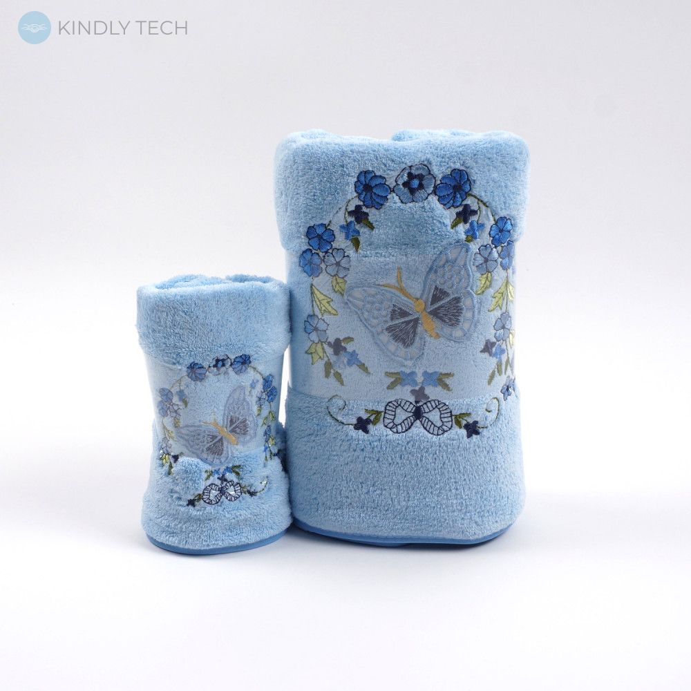 Комплект полотенец для кухни и бани с узорами цветов в органзе, Голубой