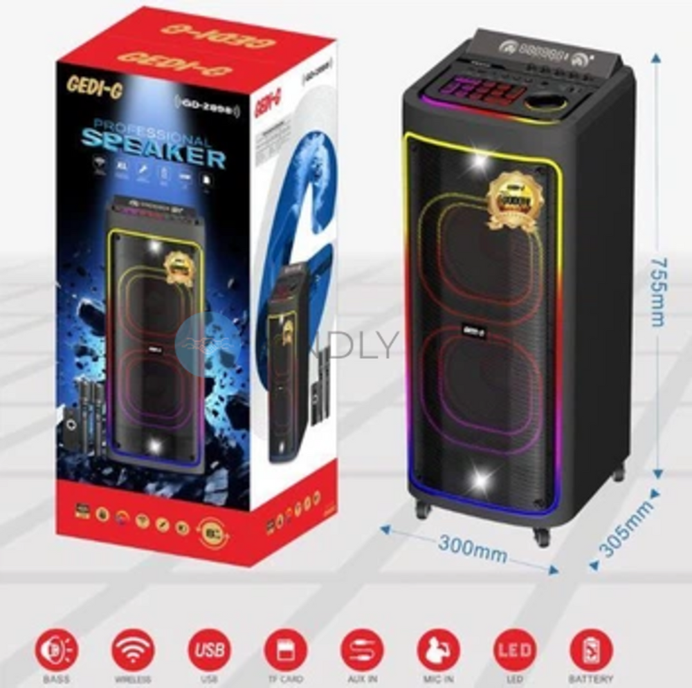 Мощная Bluetooth-колонка Gedi-G GD-2898 100 Вт с 2&times;8", RGB и двумя радиомикрофонами