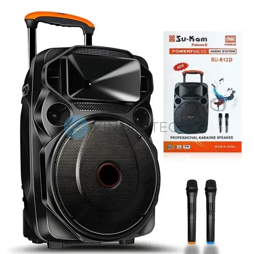 Портативна акустична система SuKam SU-612 1500 Вт, Bluetooth, 2 бездротові мікрофони, LED-підсвітка, караоке