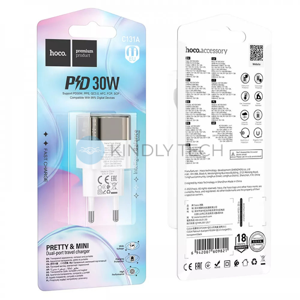 Сетевое зарядное устройство 30W | PD | QC3.0 &mdash; Hoco C131A &mdash; Transparent Black