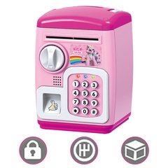 Скарбничка - сейф рожевий Єдиноріг (квадратна) з відбитком пальця та білими кнопками