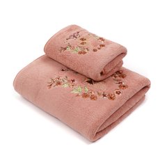 Комплект полотенец для кухни и бани с узорами цветов в органзе, Персик