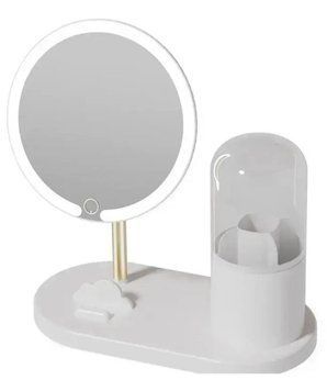 Зеркало с LED подсветкой круглое+тубус для хранения косметики Белое