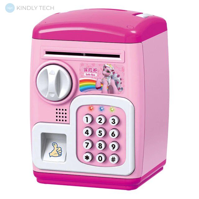 Копилка - сейф розовый Единорог (квадратная) с отпечатком пальца и белыми кнопками