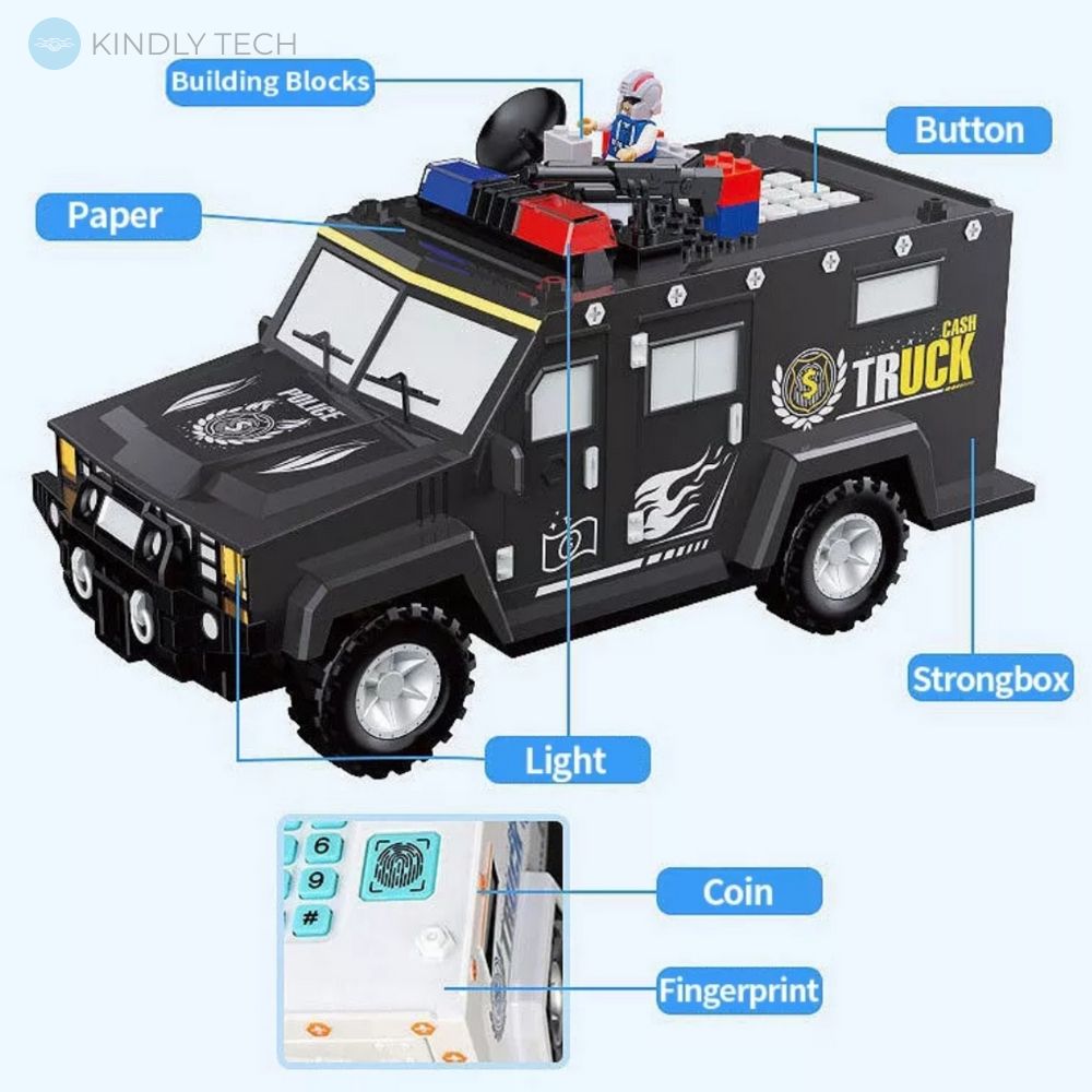 Електронна скарбничка-сейф Машинка LEGO з кодовим замком і сканером відбитка пальця Hammer black