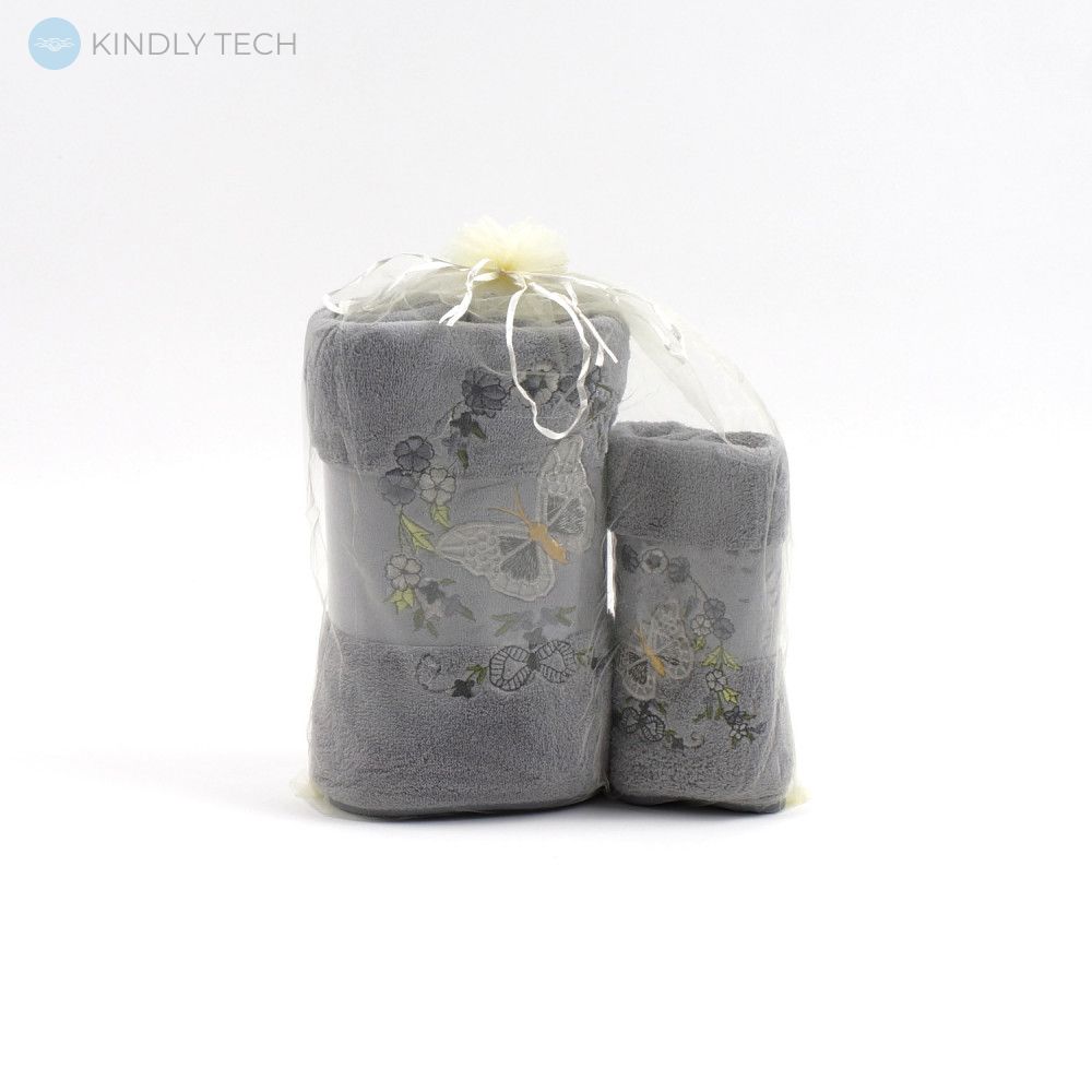 Комплект полотенец для кухни и бани с узорами цветов в органзе, Серый