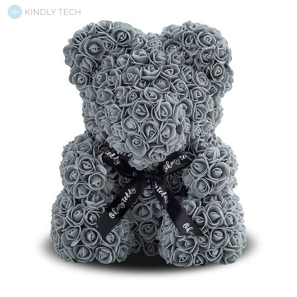 Ведмедик з штучних 3D троянд в подарунковій упаковці 25 см сірий