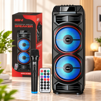 Мощная портативная Bluetooth-колонка Gedi-G GD-2885 с 2 динамиками по 8 дюймов, LED-подсветкой и микрофоном.