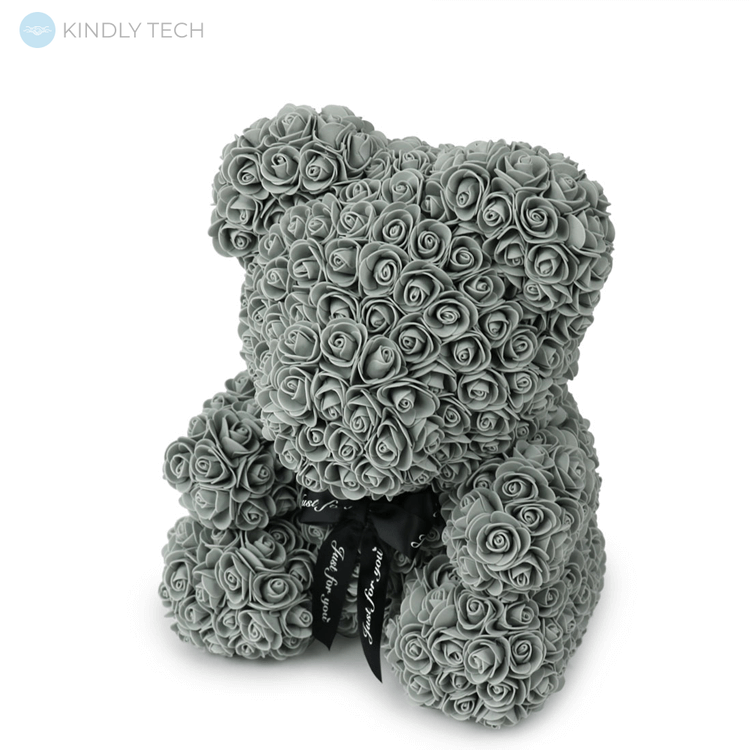 Ведмедик з штучних 3D троянд в подарунковій упаковці 25 см сірий