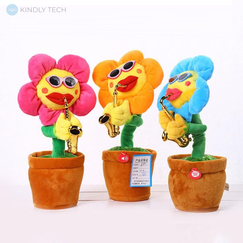 Мягкая игрушка - повторюха SUNROZ танцующий поющий цветок-саксофонист, orange