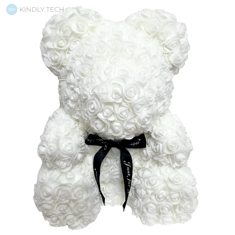Ведмедик з штучних 3D троянд в подарунковій упаковці 25 см білий