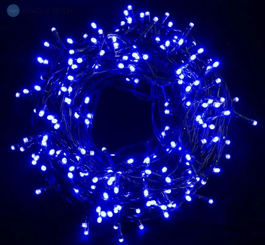 Гирлянда нить Xmas 200 LED 15 метров черный провод, Цвет ламп-синий