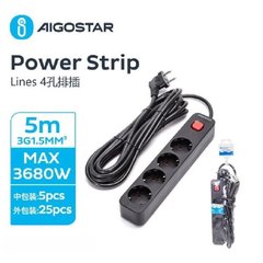 Подовжувач із вимикачем Aigostar 3680Вт, 4 розетки, 5м, чорний