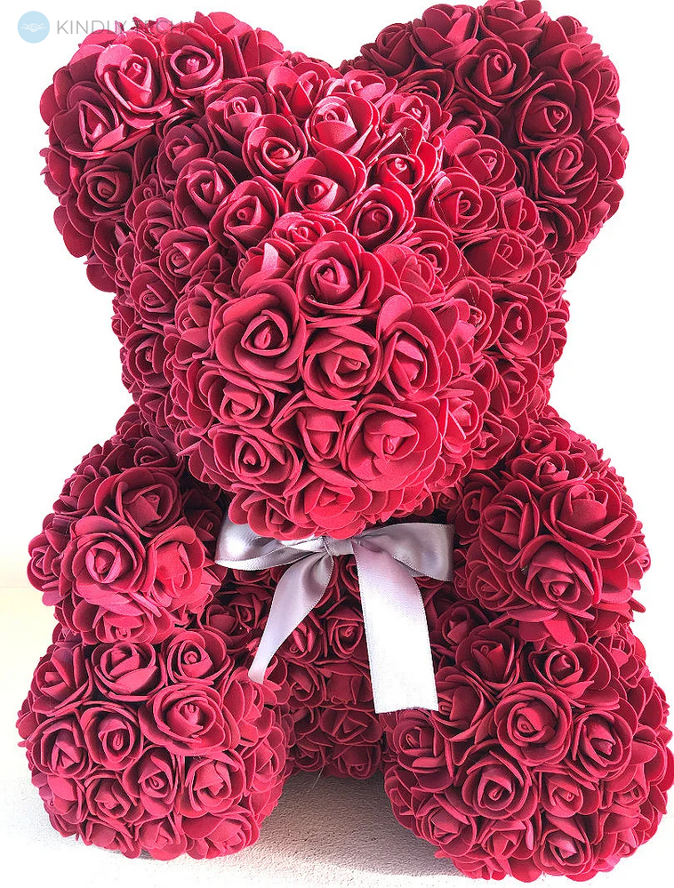 Ведмедик з штучних 3D троянд в подарунковій упаковці 25 см бордовий