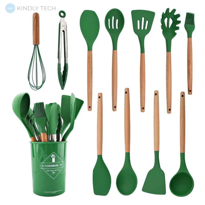 Силиконовый кухонный набор принадлежностей Kitchen Set (12 предметов), Зеленый