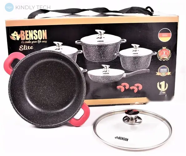 Набір каструль із мармуровим антипригарним покриттям + сковорода Benson BN-329 з 14 предметів