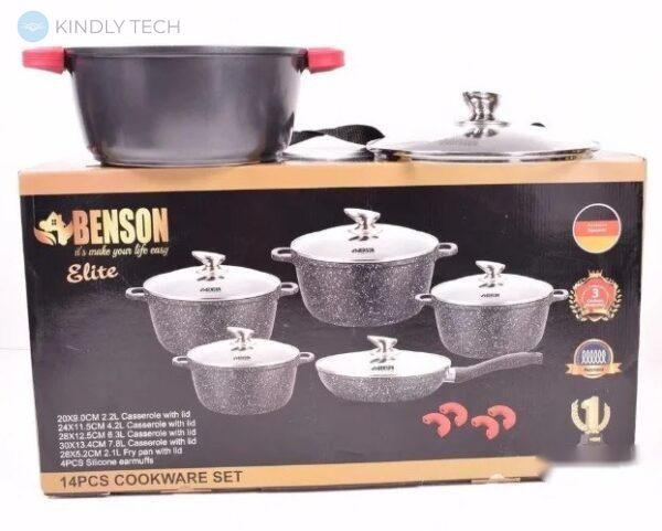 Набор кастрюль с мраморным антипригарным покрытием + сковорода Benson BN-329 из 14 предметов
