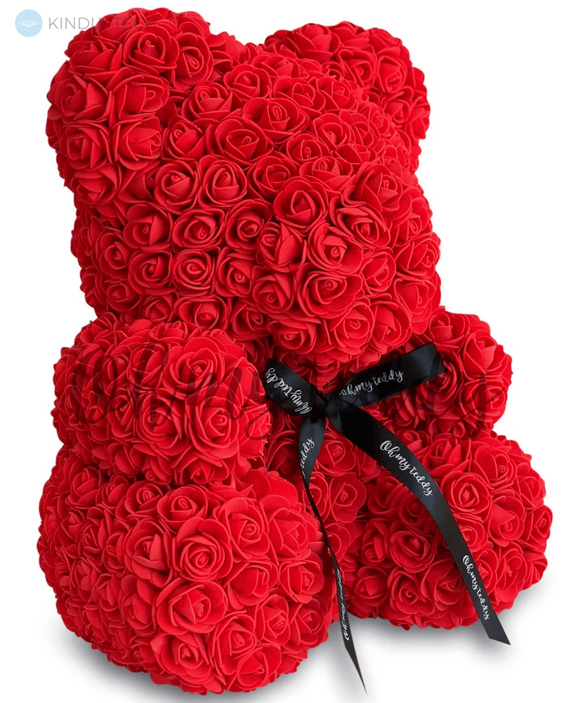 Мишка из искусственных 3D роз в подарочной упаковке 25 см красный